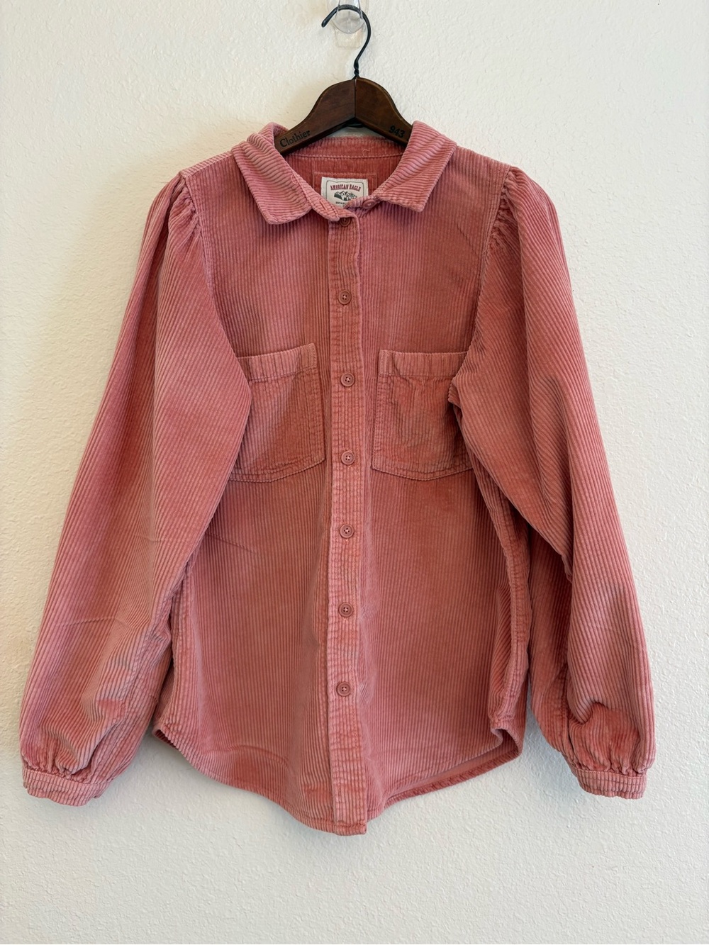 American Eagle Corduroy Button Down Shirt Pink Puff Sleeve Shacket Size Small